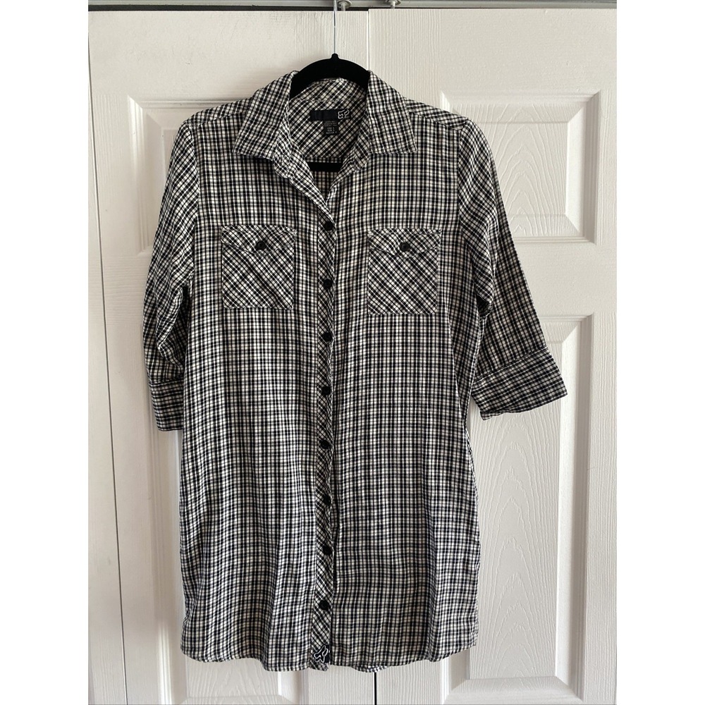 Fox Racing Womens Small Black Plaid‎ Shift Button Front Dress